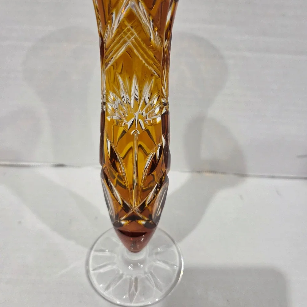 Vintage Amber Cut to Clear Crystal Bud Vase Starburst Pattern 8.25 Inch Tall